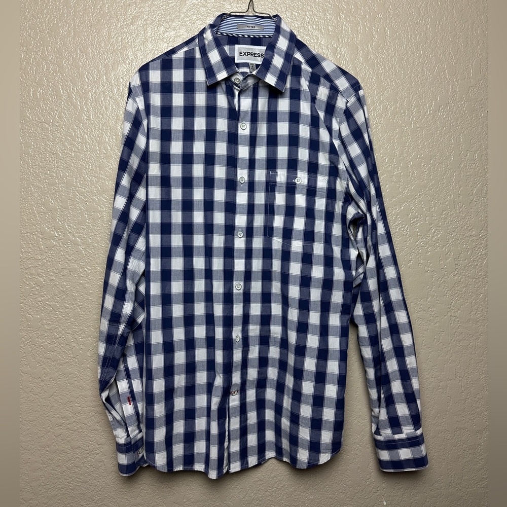 Express Men's Navy and White Plaid Shirt